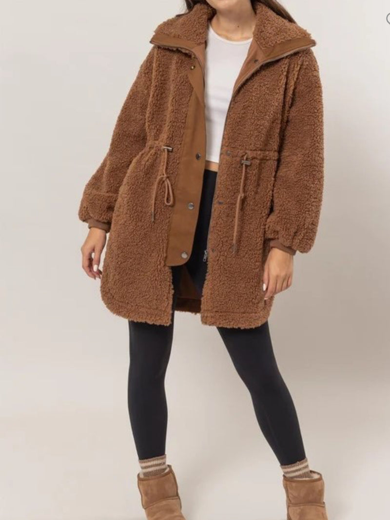 Drawstring Waist Sherpa Coat