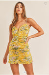 Print Shirring Deep V Neck Cami Dress