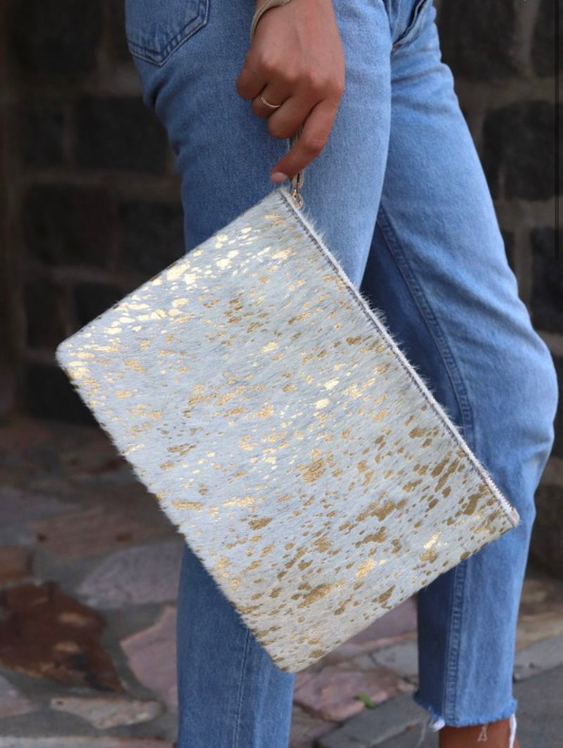 Gold Splash White Cowhide Clutch