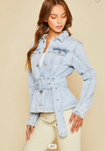 Pleated Trucker Denim Jacket Belted