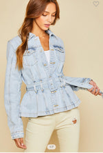 Pleated Trucker Denim Jacket Belted