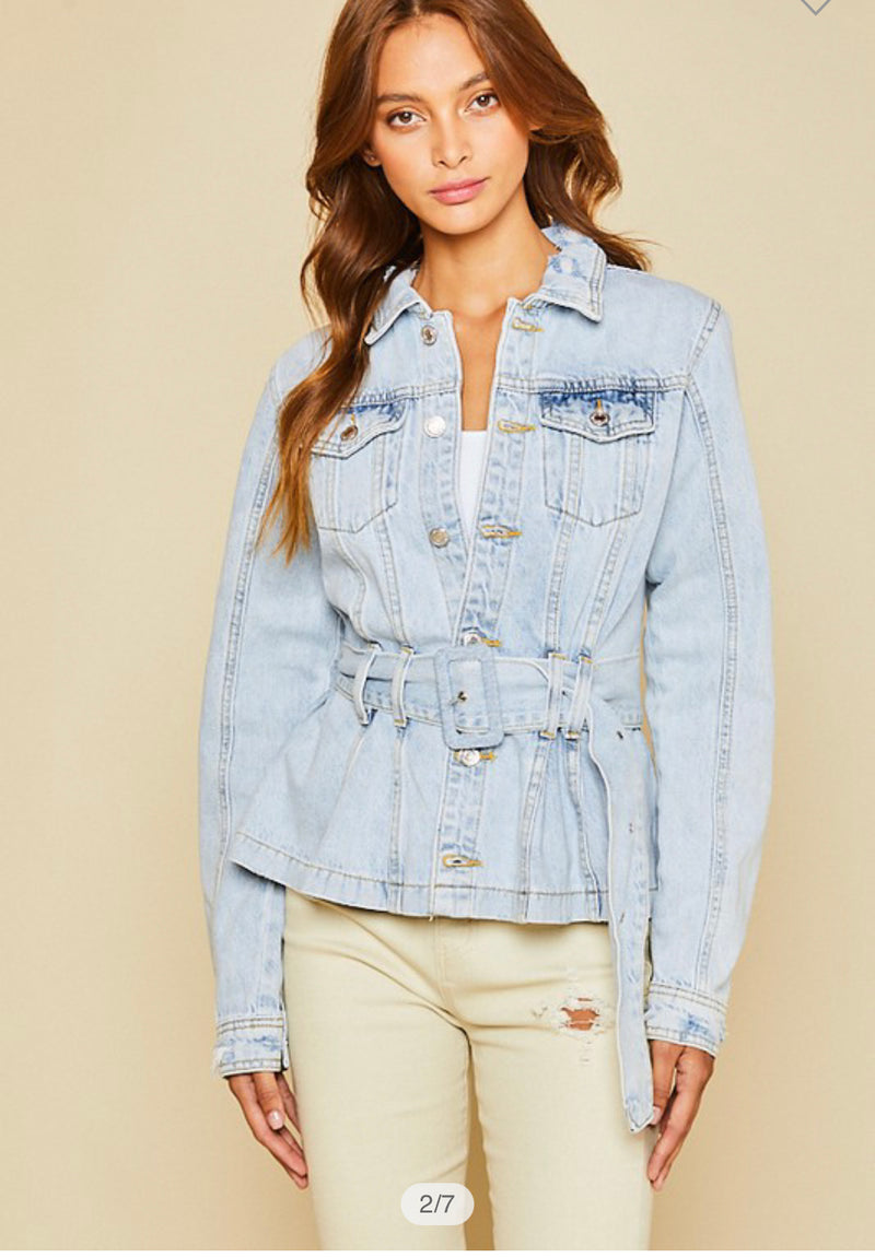 Pleated Trucker Denim Jacket Belted